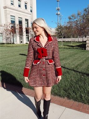 Eterna Red and Cream Houndstooth Blazer with Velvet Trim